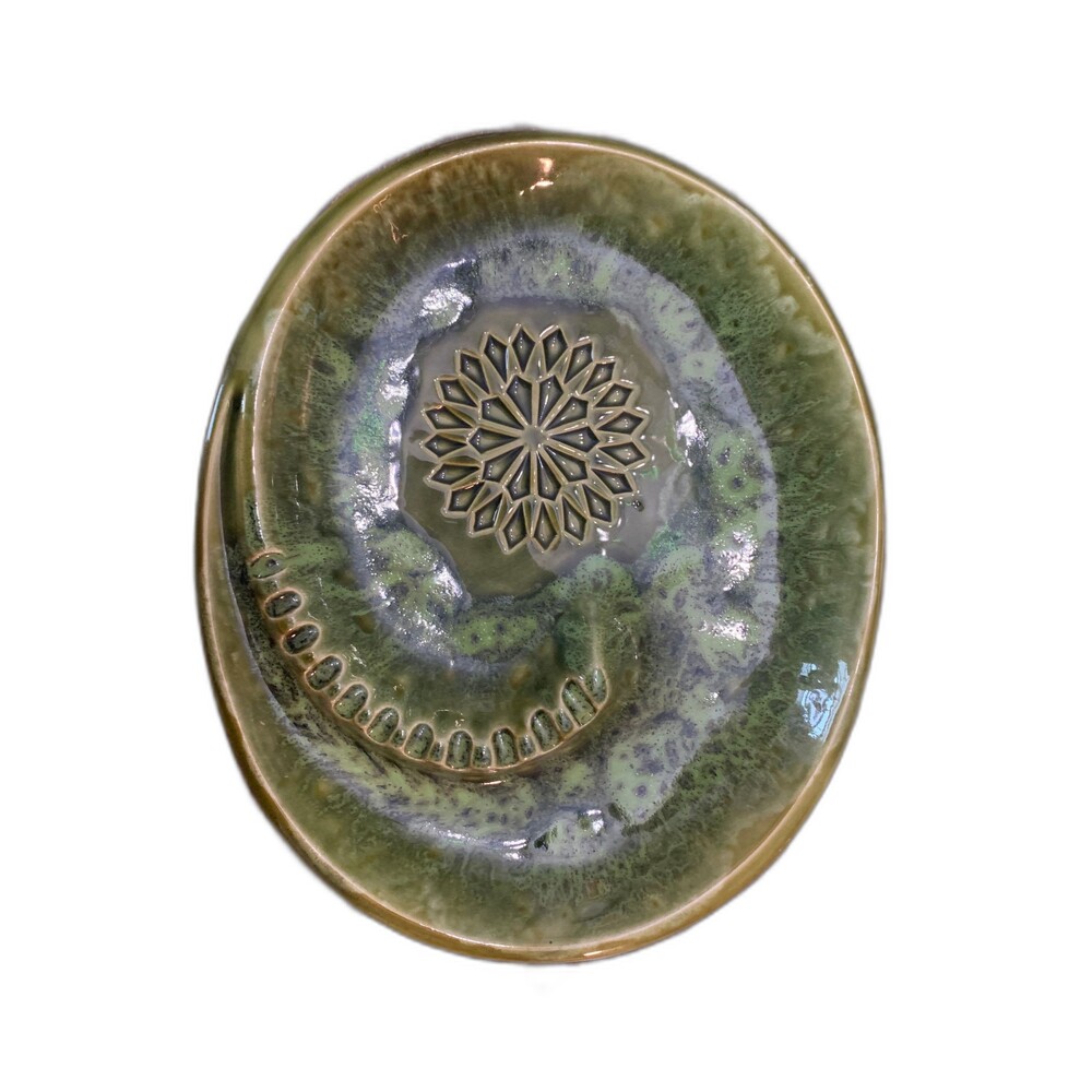 Vintage Ceramic Green Glazed Oval Ashtray | Swirl | Floral Stamp | NEW old Stock